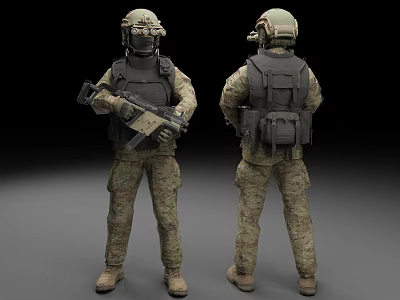 Tactical Soldiers In Camouflage Uniform Helmet Tactical Vest Front Back View With Weapon 3d model