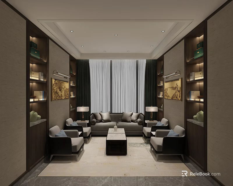 Elegant Reception Room Interior With Wooden Decor Sofa Coffee Table Decorative Paintings Lighting And Curtains 3d model 