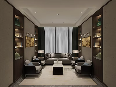 Elegant Reception Room Interior With Wooden Decor Sofa Coffee Table Decorative Paintings Lighting And Curtains 3d model