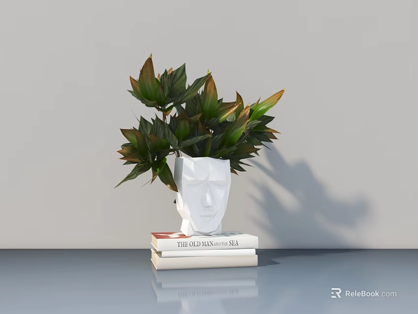 Potted Plant with Green and Red Leaves in White Face Shaped Vase on Stacked Books 3d model 