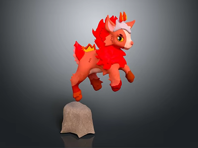 Cute Red Pony Plush Toy With Flame Mane And Tail Standing On Gray Stone Pedestal 3d model