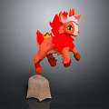 Cute Red Pony Plush Toy With Flame Mane And Tail Standing On Gray Stone Pedestal