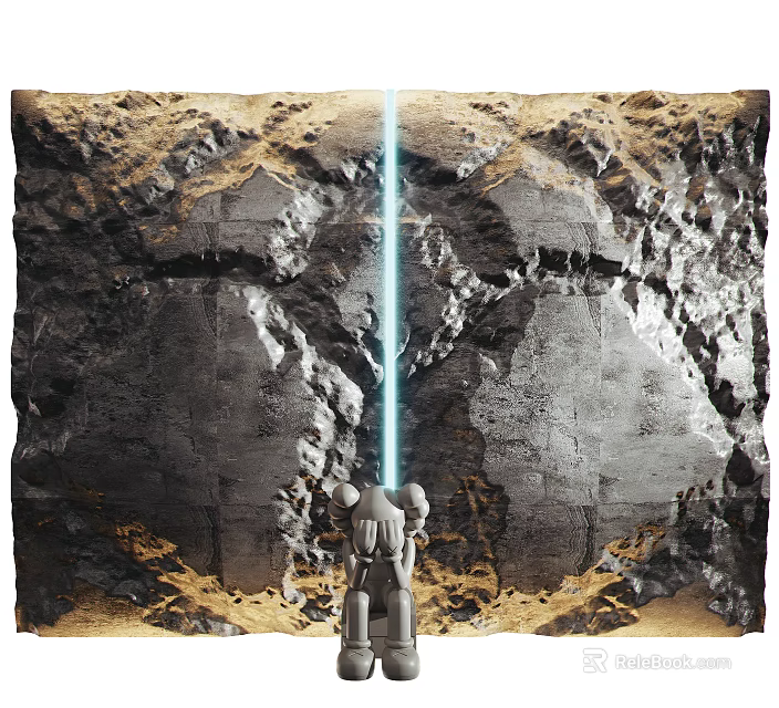 Rock Textured Building Exterior Wall With Cracks And Blue Light Beam And Statue Figure 3d model 