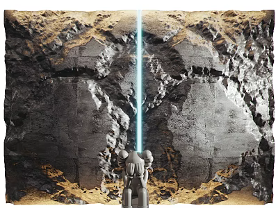 Rock Textured Building Exterior Wall With Cracks And Blue Light Beam And Statue Figure 3d model
