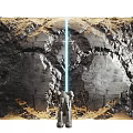 Rock Textured Building Exterior Wall With Cracks And Blue Light Beam And Statue Figure