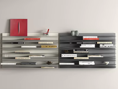Modern Minimalist Bookcase With Layered Shelves Holding Books And Decorative Items 3d model