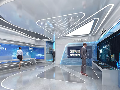 Modern Hi-Tech Exhibition Hall With Interactive Digital Screens And Lighting Design 3d model