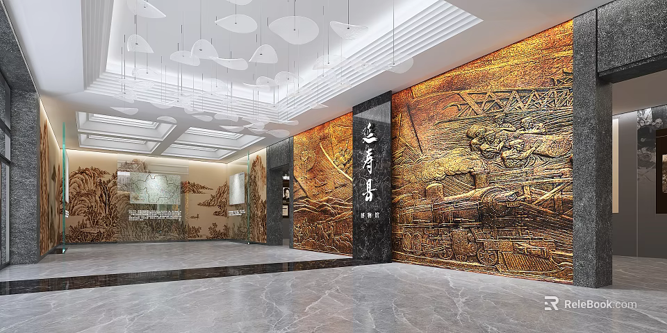 Modern Lobby Interior With Carved Relief Wall And Hanging Chandeliers 3d model 