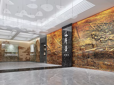 Modern Lobby Interior With Carved Relief Wall And Hanging Chandeliers 3d model