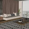 Modern Living Room Interior With Beige Sofa Wooden Wall And Black White Rug
