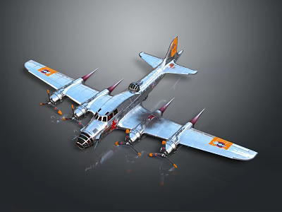 Silver Fighter Jet With Four Engines Orange Wing Markings 3D Rendered Reflective Surface 3d model