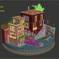 Venetian Style Building Model with Red Orange Facades Red Roofs Balconies Canal and Wooden Bridge