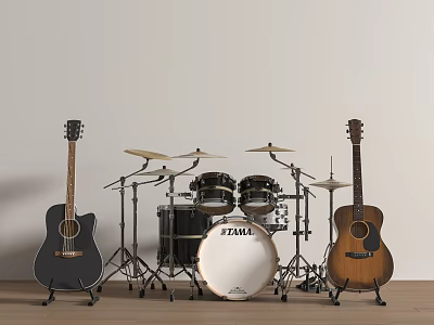 Acoustic Guitars And Drum Set Musical Instruments Display In Interior With Wooden Floor 3d model