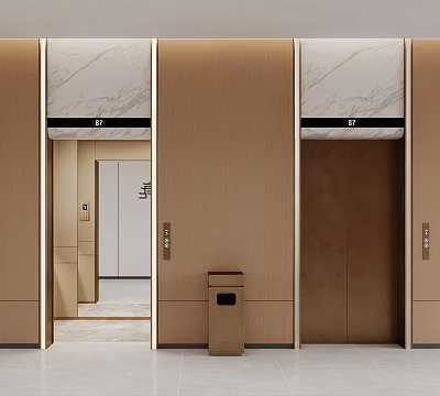 Modern Elevator Lobby With Wooden Panel Walls And Marble Ceiling Design 3d model