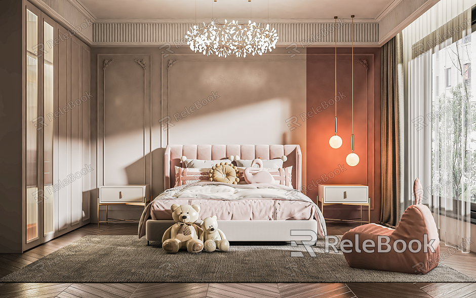 Light Luxury Children's Room Children's Bedroom Girls' Room Bedside Background Wall Dresser Wardrobe Chandelier Computer Table and Chair model