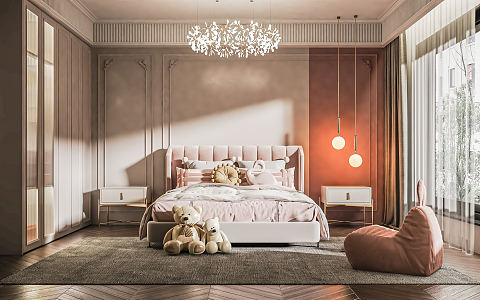 Light Luxury Children's Room Children's Bedroom Girls' Room Bedside Background Wall Dresser Wardrobe Chandelier Computer Table and Chair 3d model