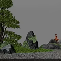Karesansui Dry Landscape Garden With Green Pine Mossy Rocks Sitting Figure And Stone Lantern