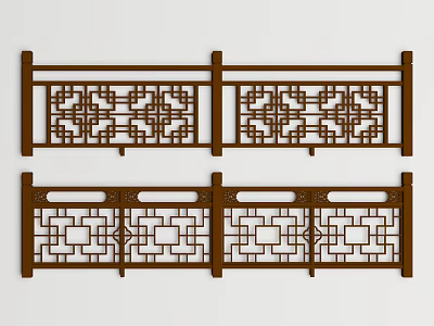 Traditional Chinese Wooden Railing With Intricate Carved Patterns And Geometric Designs In Two Different Styles 3d model