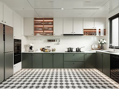 Modern Kitchen Interior With Green Cabinets White Upper Cabinets And Black White Checkered Floor 3d model