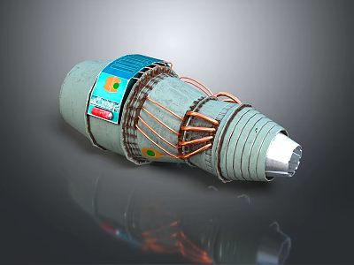Cylindrical Industrial Equipment Part With Copper Coils Blue Green Labels And Metallic Tip 3d model