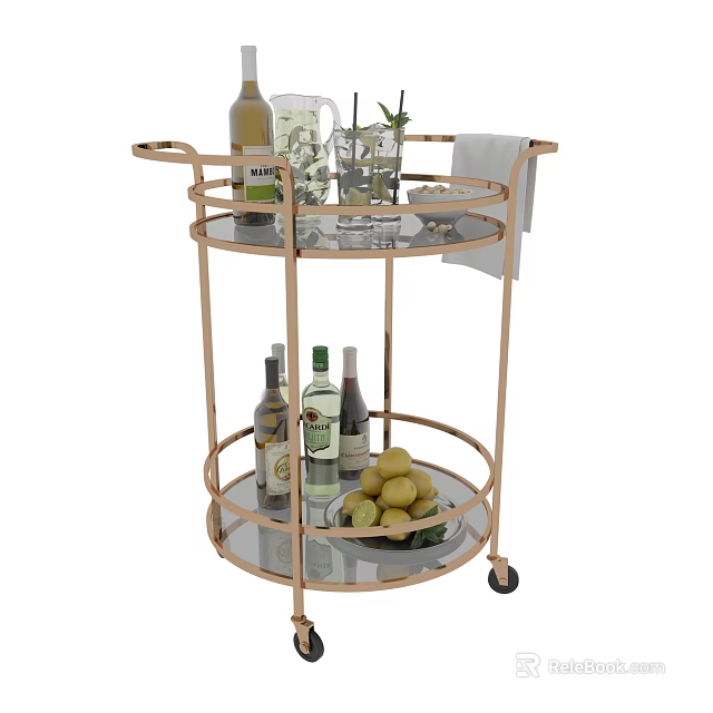 Elegant Golden Mobile Bar Cart With Glass Shelves Wine Bottles And Lemons 3d model 