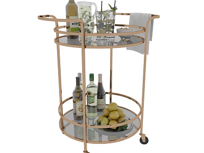 Elegant Golden Mobile Bar Cart With Glass Shelves Wine Bottles And Lemons 3d model