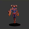 Blue Skinned Game Movie Character With Red Armor And Flaming Elements On Base