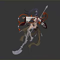 Woman in dynamic pose with long flowing hair wearing traditional outfit holding decorated staff weapon