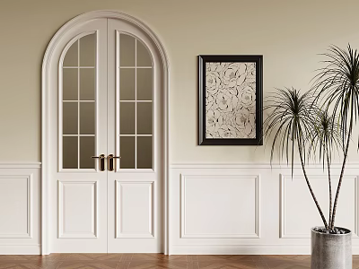 Elegant Interior Design With Arched White Door Decorative Painting And Potted Plant 3d model