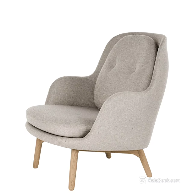 Modern Light Gray Fabric Leisure Chair With Tufted Backrest And Wooden Legs 3d model 