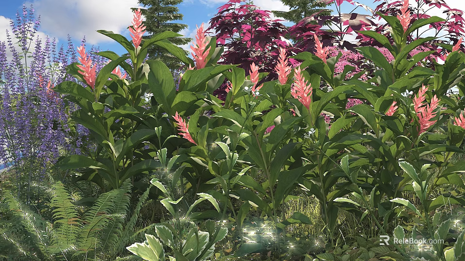 Colorful Garden Shrubs With Pink Flowers Green Leaves Purple Foliage And Ferns In Lush Landscape 3d model 