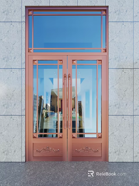 Copper Frame Double Doors With Glass Panels And Stone Wall Background Design 3d model 