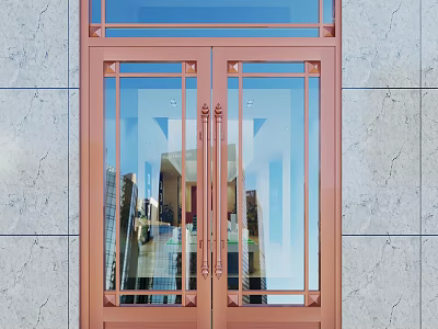 Copper Frame Double Doors With Glass Panels And Stone Wall Background Design 3d model