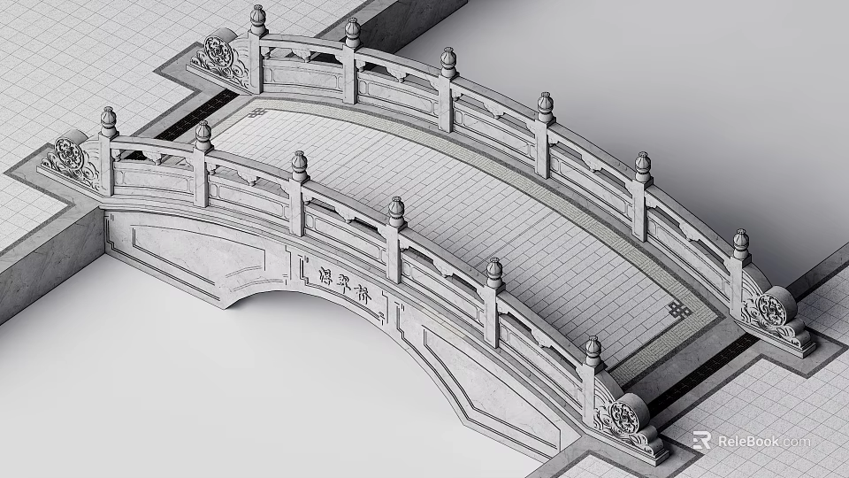 Traditional Chinese Stone Bridge With Carved Railings Arch Design Decorative Pillars And Stone Slab Pathway 3d model 