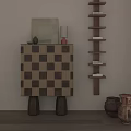 Modern Checkerboard Sideboard With Wooden Wall Shelf Table Lamp And Decorative Items
