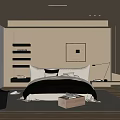 Minimalist Modern Bedroom Interior With Bed Framed Artwork Wall Shelves And Wooden Floor