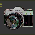 Vintage Canon Electronic Camera With Silver Black Body And Colorful Bird Reflection On Lens
