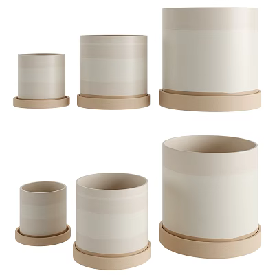 Soft Toned Striped Ceramic Vessels In Various Sizes With Natural Bases 3d model
