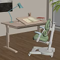 Adjustable Wooden Kids Desk with Green Chair Green Study Lamp and Learning Supplies