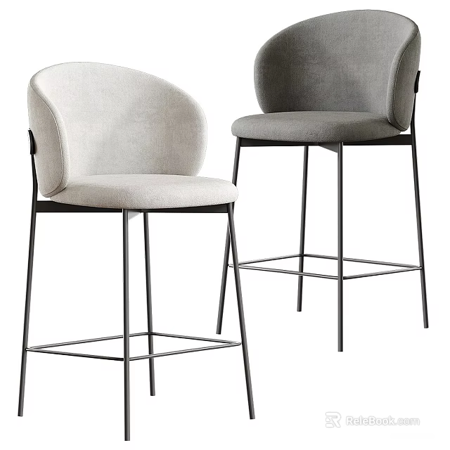 Modern Bar Stools With Curved Backrest Padded Seat Metal Legs In Light Dark Gray 3d model 