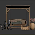 Wooden Swing Chair Setup With Blue Bicycle Plaid Basket And Terracotta Vase With Red Flowers