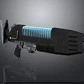 Futuristic Sci Fi Weapon with Black Metallic Body Glowing Blue Energy Core Mechanical Grip Design