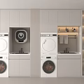 Modern Bathroom Cabinet Rack With White Cabinetry Washing Machine Dryer Sink And Shelves