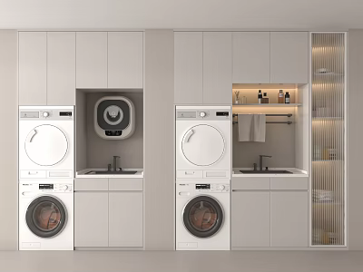 Modern Bathroom Cabinet Rack With White Cabinetry Washing Machine Dryer Sink And Shelves 3d model
