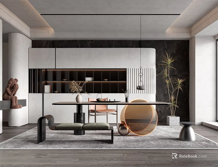 Elegant Modern Tea Room Interior With Wooden Table Chairs Tea Sets And Green Plants 3d model 