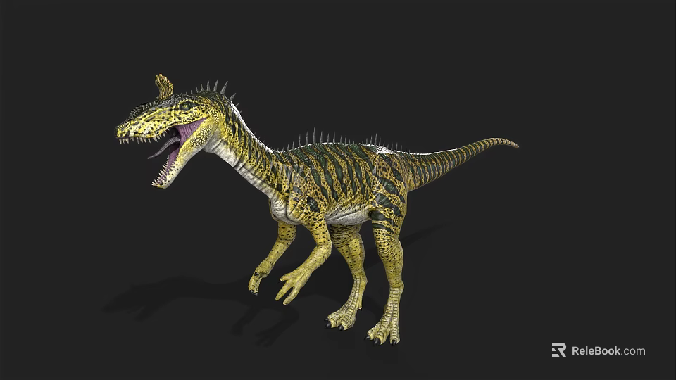 3D Rendered Dinosaur Model With Yellow Black Stripes Spines And Open Mouth On Black Background 3d model 