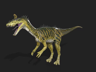 3D Rendered Dinosaur Model With Yellow Black Stripes Spines And Open Mouth On Black Background 3d model