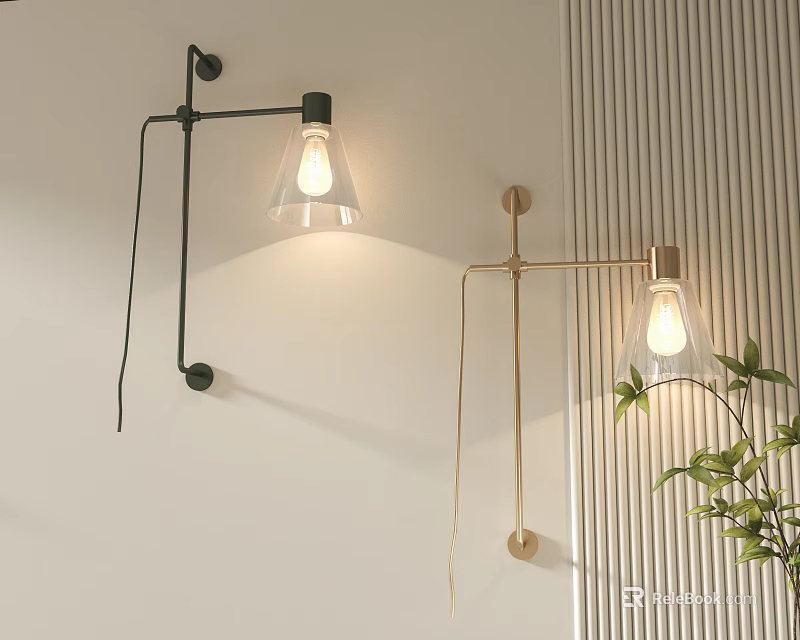Modern Interior Wall Lamps With Black Gold Metal Frame Glass Shade And Green Plant 3d model 
