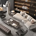 Modern Living Room Sofa and Coffee Table Set with Armchairs Bookshelves and Decorative Plants