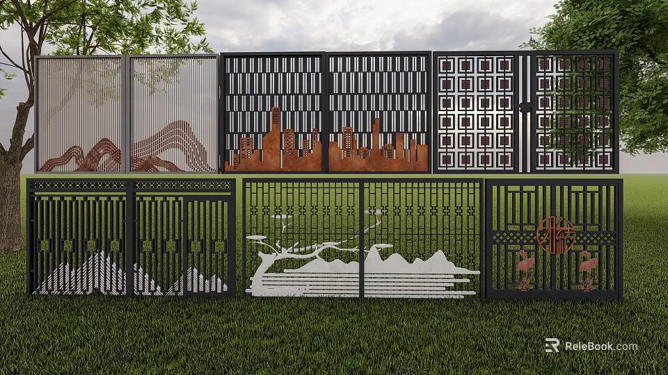 Decorative Metal Gates With City Skyline Mountain Patterns And Geometric Lattice Designs 3d model 
